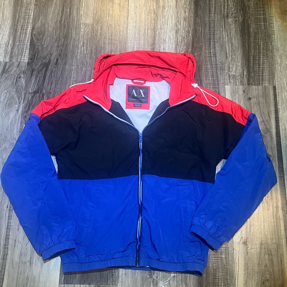 Armani Exchange A|X Mens Black Red Blue Full Zip Hooded Windbreaker Jacket - Picture 1 of 6